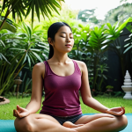**

Prompt: A serene Thai woman meditating outdoors in a lush garden. Soft, natural lighting. She's using a wearable device (like a FitBit) to monitor her heart rate. Focus on calm expression and peaceful surroundings. Perhaps a small Buddha statue in the background. The style should be realistic with a touch of fantasy to show biofeedback data visualization subtly.

**